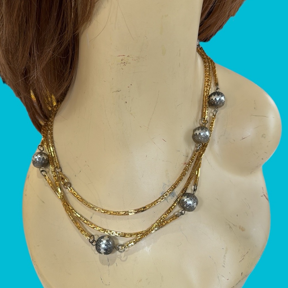FAUX GRAY ‎ PEARL BALLS SILVER OVERLAY LONG GOLD CHAIN NECKLACE